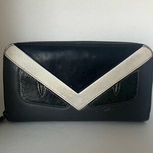 Fendi Monster Motif Bug Eyes Leather Long Zip Wallet